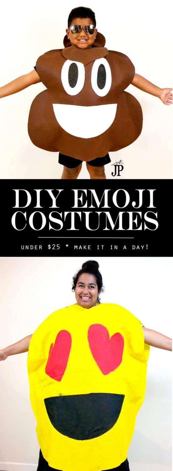 FAST and EASY DIY emjoi costumes!! AWESOME video tutorials for TWO emoji costumes. Get the supplies for under  if not UNDER !!! NO sewing required - so easy to make as a last minute costume idea. This blog has the BEST DIY Halloween costume tutorials!