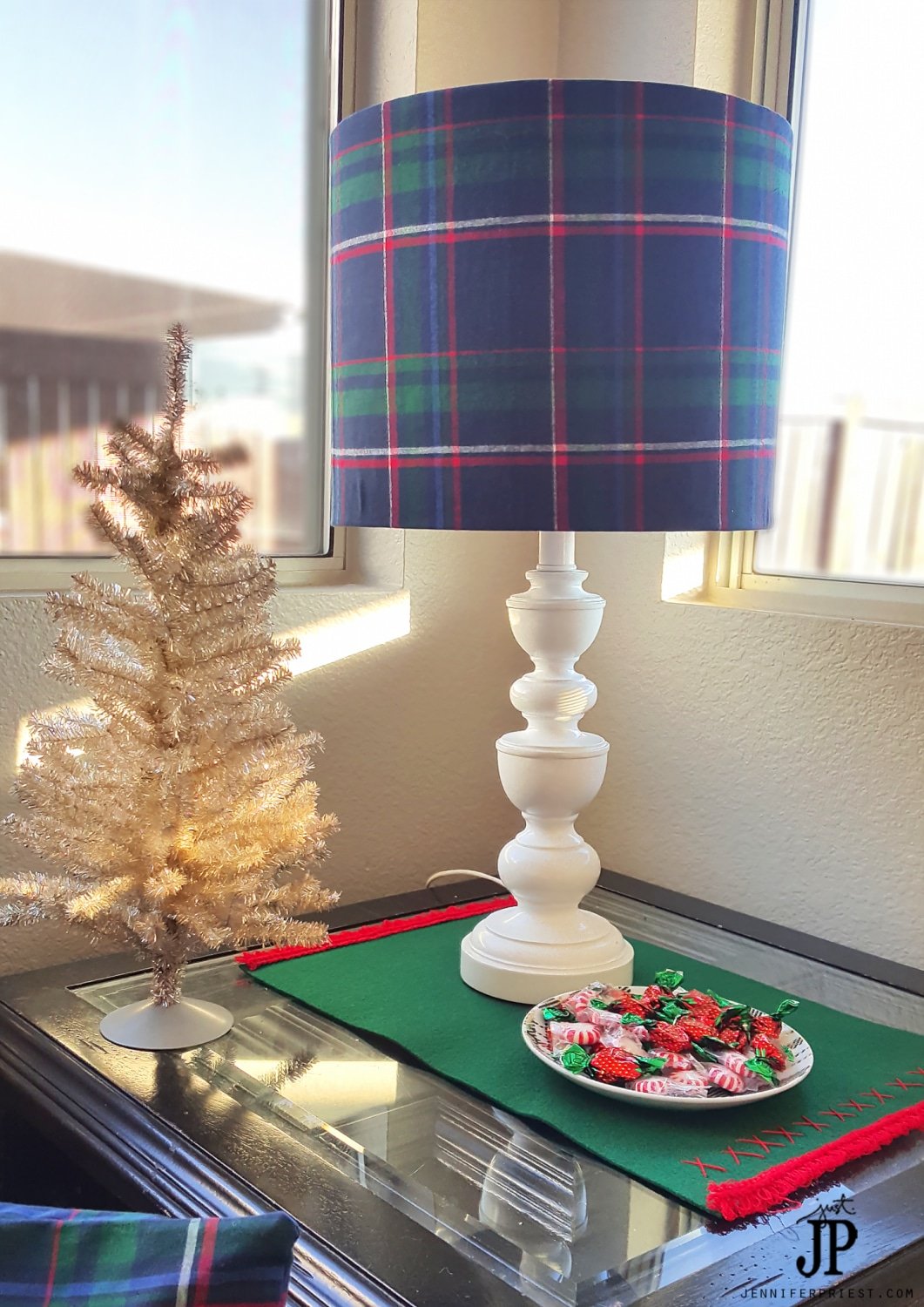 Upcycle-and-old-lampshade-for-the-holidays-with-Tartan-fabric-JPriest