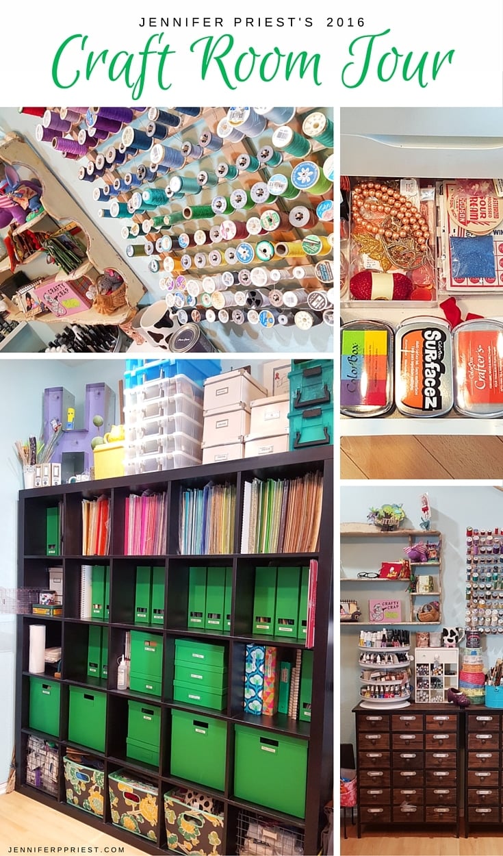 CRAFT room tour with TONS of amazing ideas! Ikea craft storage, library card catalogs, apothecary cabinets and great shelves for organizing paint and organizing stamps. Harbor Freight spinner for inks and so many more ideas. VIDEO TOUR! 2016 Craft Room Tour by Jennifer Priest