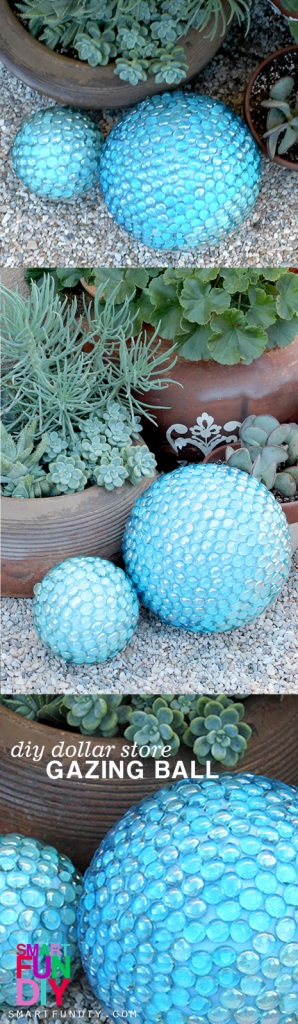 DIY Faux Gazing Ball for the Garden - how to use dollar store glass marbles to make a gorgeous glass gazing ball for the the garden #SmartFunDIY #gazingBall #DIYGazingBall #FauxGazingBall #DollarstoreCrafts #DollarStore #GardenDecor #GardenGazingBall