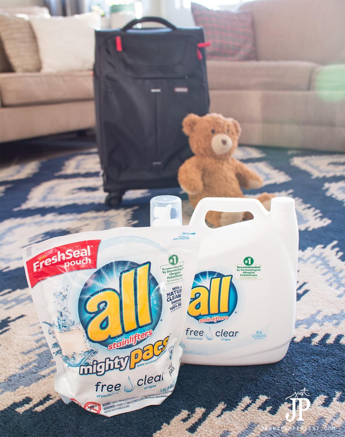 Prepare for seasonal allergies while traveling by washing clothes, stuffed animals, and fabric bags in all free and clear detergent before the trip. FREE checklist for traveling with kids with seasonal allergies.