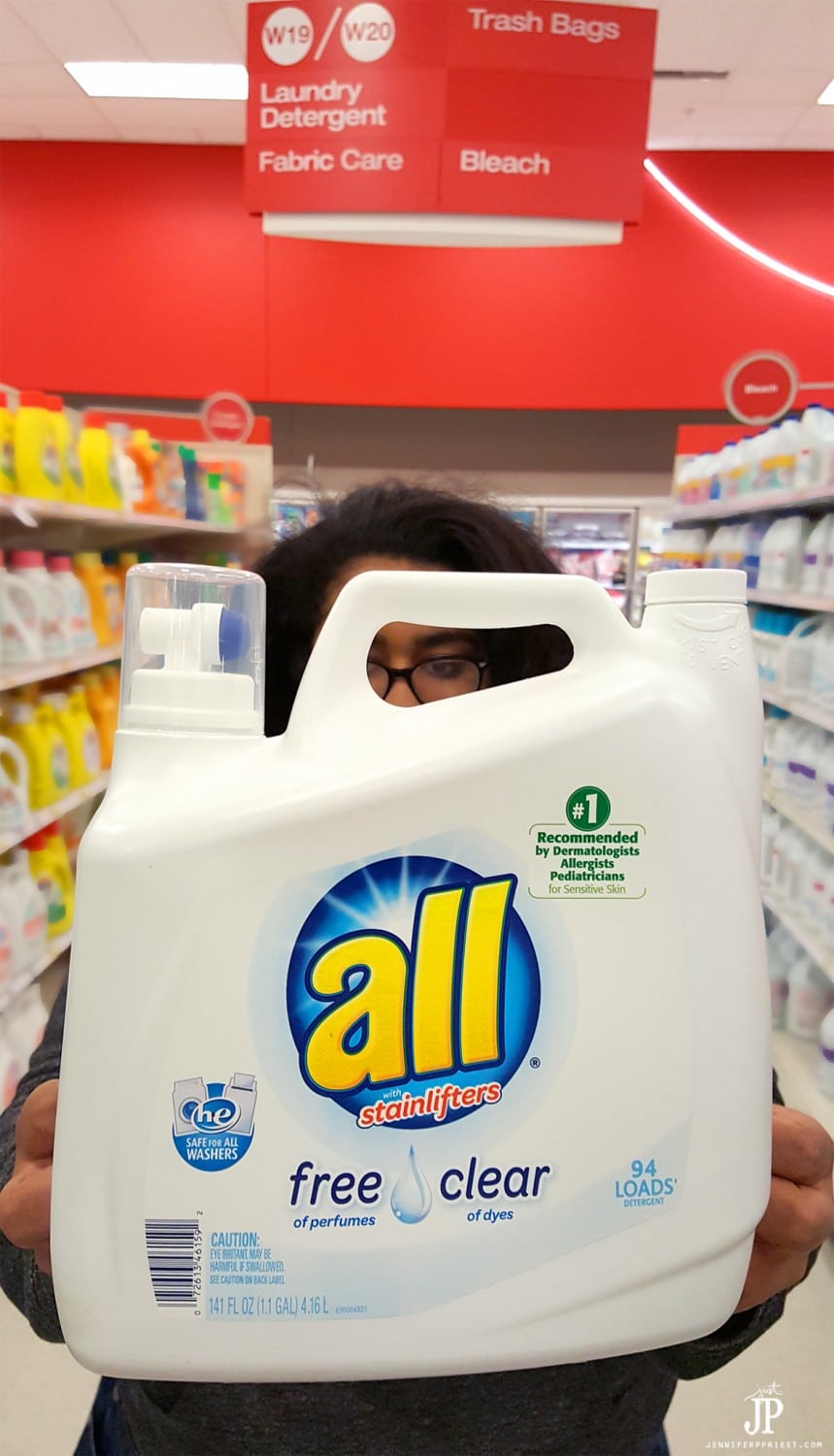 Find all free and clear detergent in the laundry aisle at Target Stores. We use all to deal with our seasonal allergies - it removes 99% of allergens from clothing.
