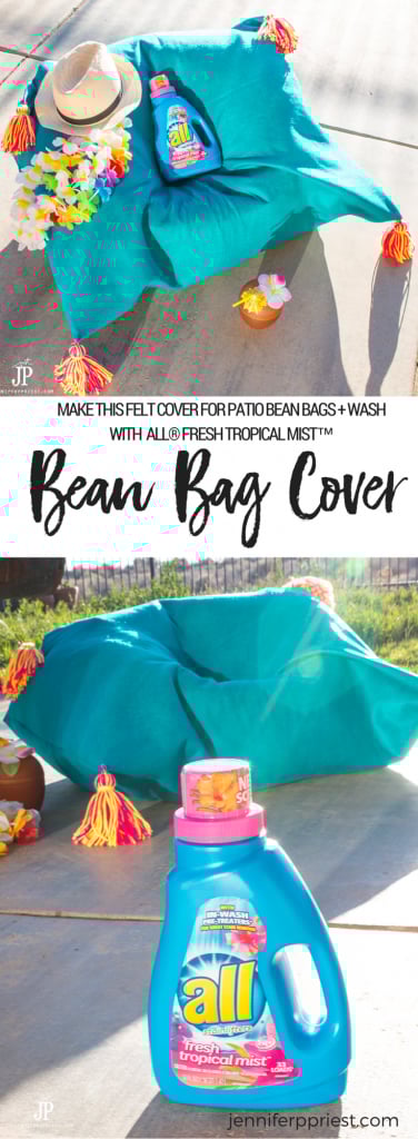 Our dogs chew all our patio furniture so we use bean bags - when we're not outside, we can easily stash them in a closet. If they get dirty, we can remove the covers and wash. I kinda love the yarn tassels :) Make this DIY Bean Bag Cover using felt to protect your bean bags on the patio. The cover is washable and will smell great when you wash it in all Laundry all® Fresh Tropical Mist™. SEE MORE: https://www.smartfundiy.com/tropical-diy-bean-bag-cover/ #BringTheTropicsHome [AD]