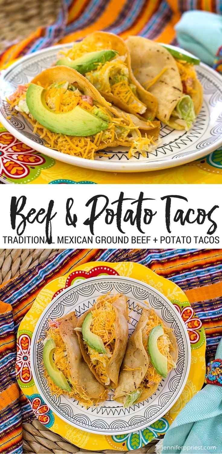 collage of images of beef potato tacos on plate