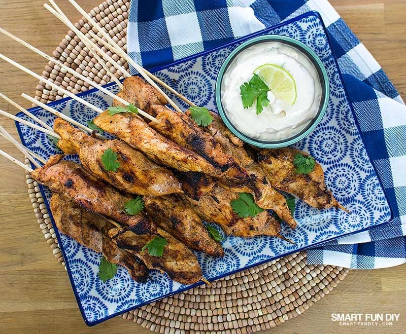 Mexican Chicken Satay Skewers on platter with dip