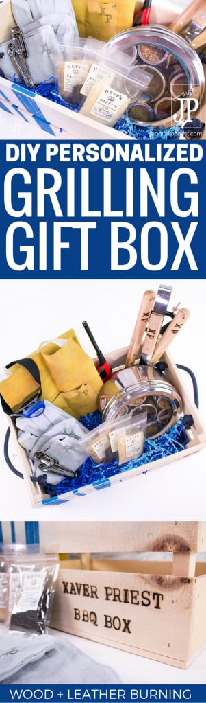 Make a DIY personalized grilling gift set! Wood burn into wood and leather to customize an apron, crate, grilling tools, and gloves with the Walnut Hollow Creative Versa-Tool. VIDEO TUTORIAL! Plus, this post is part of a blog hop with over 75+ handmade gift ideas for the holidays.