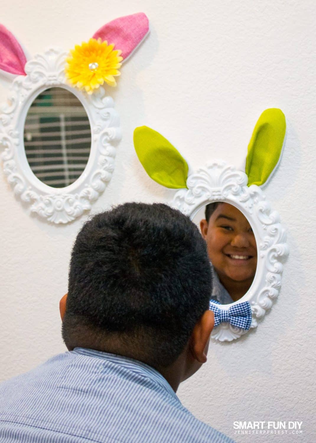 Easter Bunny ears mirror craft - make these cute mirrors just  each with supplies from 99 Cents Only Stores! Make this a kids craft, together! #99YourEaster #DoingThe99 [AD]