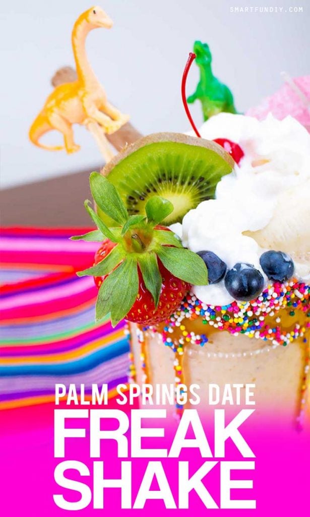 vegan banana date milkshake with fruit and toy toppers