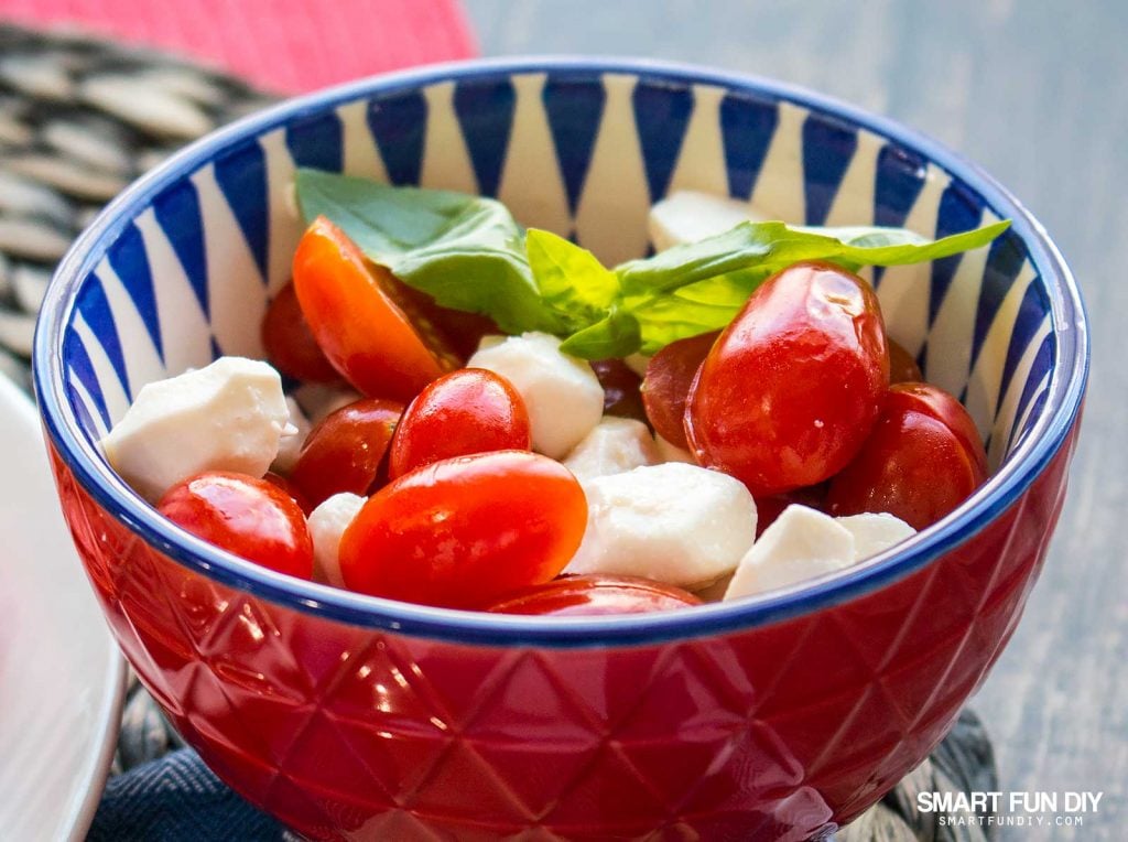 Mini Caprese salad recipe with grape tomatoes https://www.smartfundiy.com/mothers-day-lunch-grilled-eggplant/ #SoWorthIt