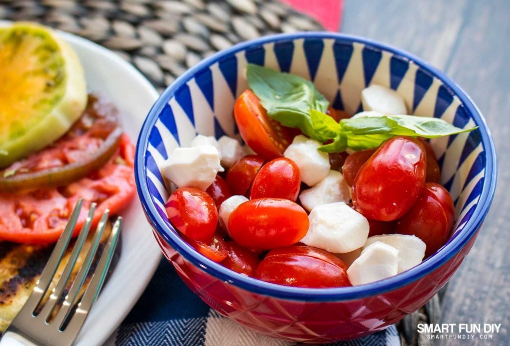 How to make Mini Caprese salad recipe with grape tomatoes https://www.smartfundiy.com/mothers-day-lunch-grilled-eggplant/ #SoWorthIt