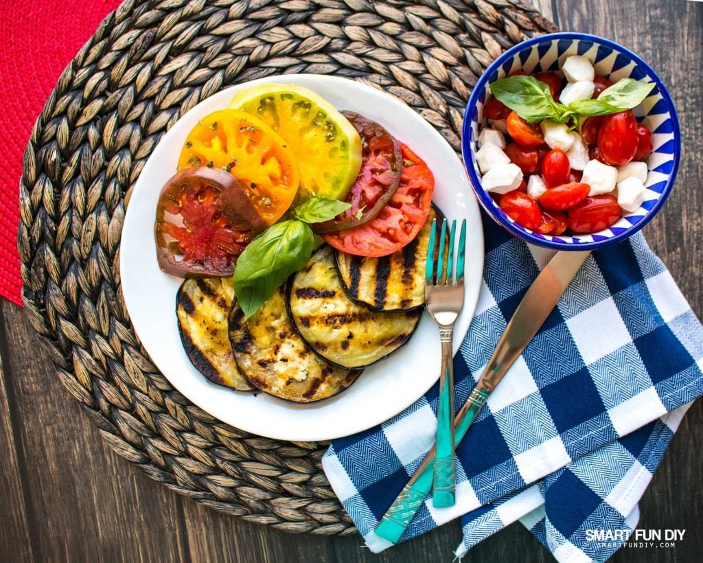 Make mom a MOTHER'S DAY brunch with grilled eggplant, heirloom tomatoes, and more ... get the recipes and these CUTE dishes here: https://www.smartfundiy.com/mothers-day-lunch-grilled-eggplant/ #SoWorthIt