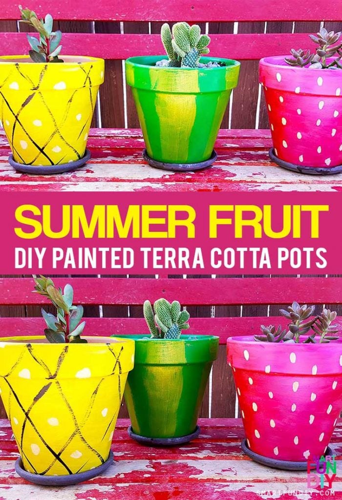 DIY terra cotta pots - paint SUMMER fruit designs on dollar store pots! Use acrylic paint to make a pineapple, strawberry, and watermelon using PLAID FolkArt Color Shift paint. VIDEO tutorial -- https://www.smartfundiy.com/painted-diy-terra-cotta-pots/