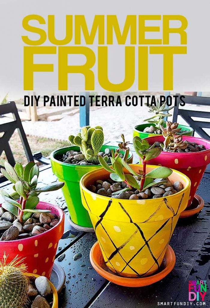 DIY terra cotta pots - paint SUMMER fruit designs on dollar store pots! Use acrylic paint to make a pineapple, strawberry, and watermelon using PLAID FolkArt Color Shift paint. VIDEO tutorial -- https://www.smartfundiy.com/painted-diy-terra-cotta-pots/
