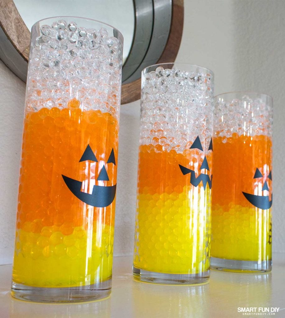 Halloween Decor is easy with GEMNIQUE Water Beads. Make this candy corn vase display for under $15!
