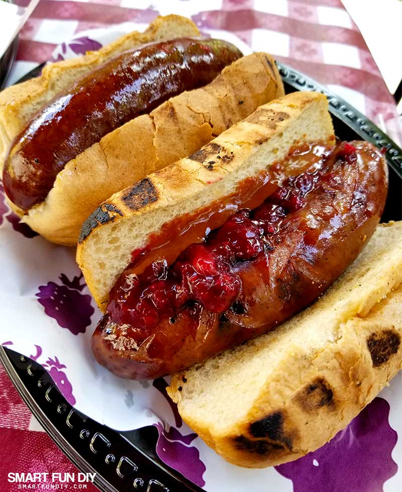 Boysenberry sausages on rolls with boysenberry relish