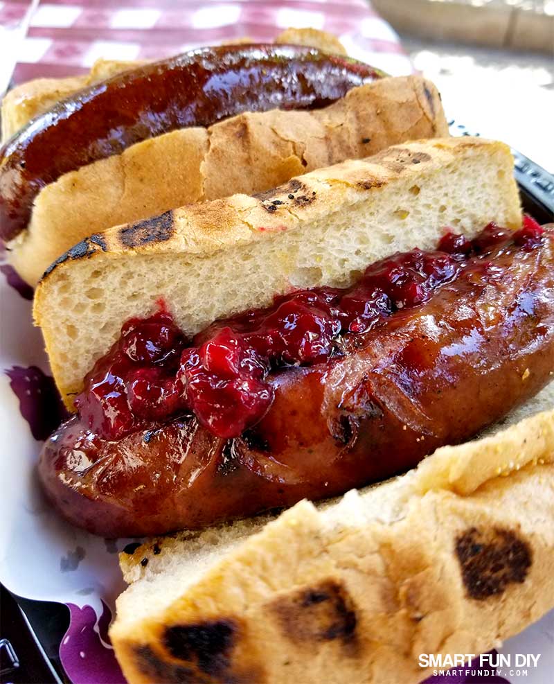Boysenberry sausages on rolls with boysenberry relish