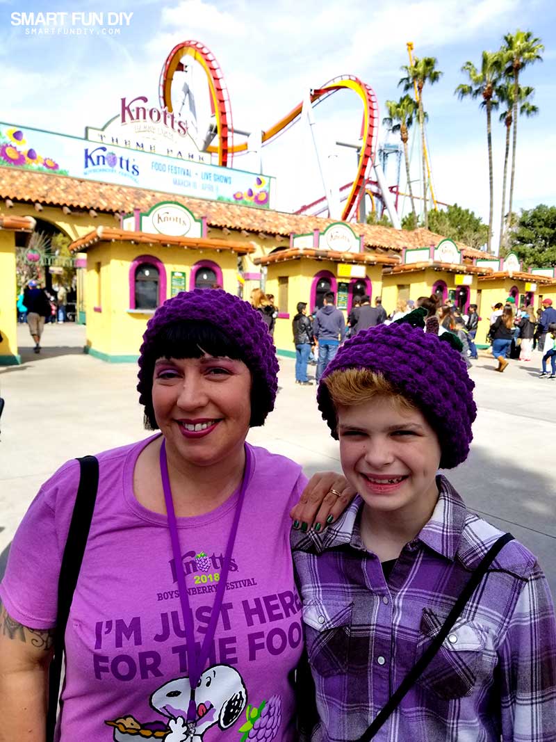 Mom and child wearing crochet Boysenberry Hats at Knott's Berry Farm