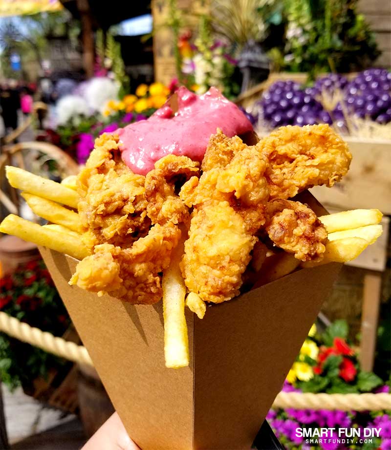 Boysenberry Aioli with deep fried alligator bites and french fries