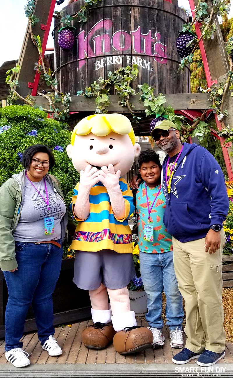 Family photo with Schroeder at Knott's Berry Farm