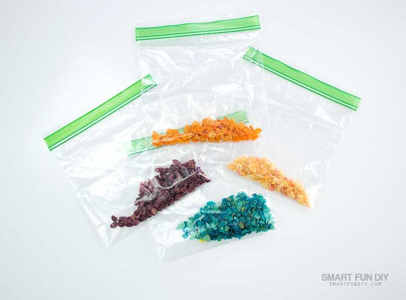 sort fruity pebbles cereal by color into bags