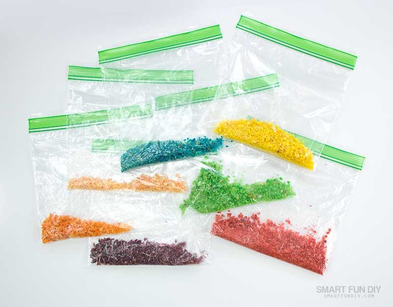 crush fruity pebbles cereal in bags sorted by color