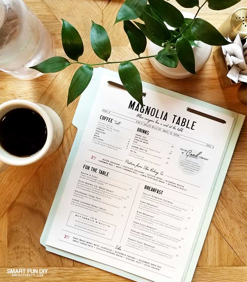 menu and coffee Magnolia Table restaurant