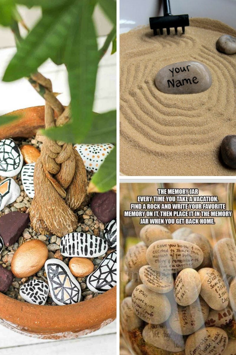 painted rocks in plant and zen garden