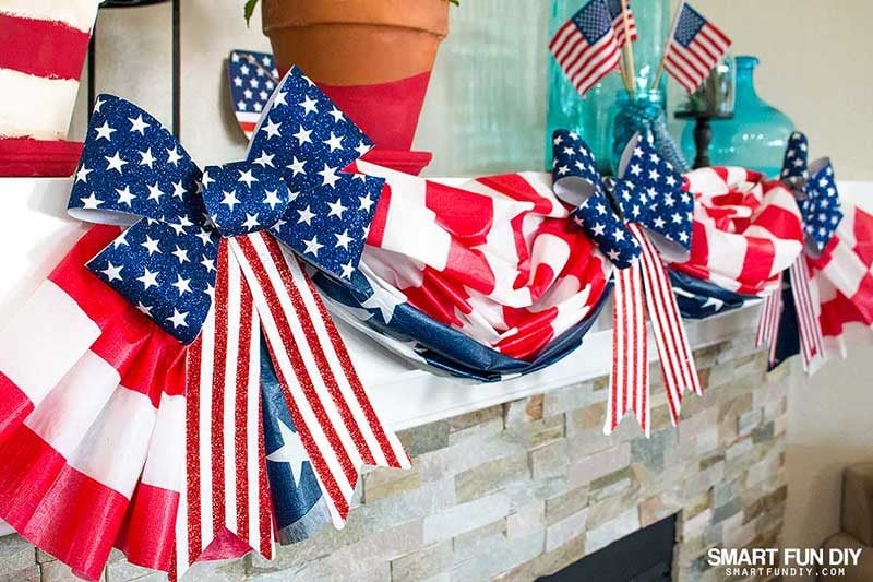 DIY flag bunting on fireplace mantel
