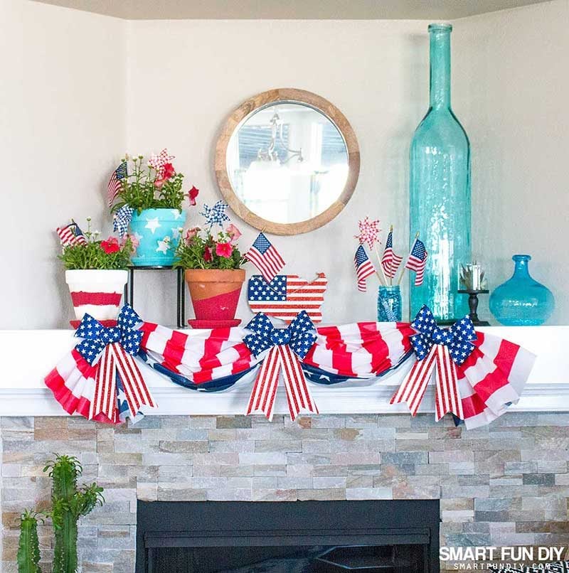 Patriotic decorations on fireplace mantel