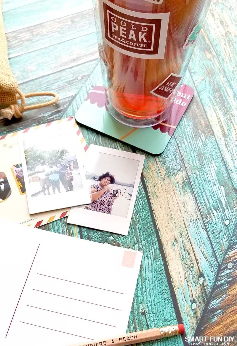 instant camera photos at lake and Gold Peak tea