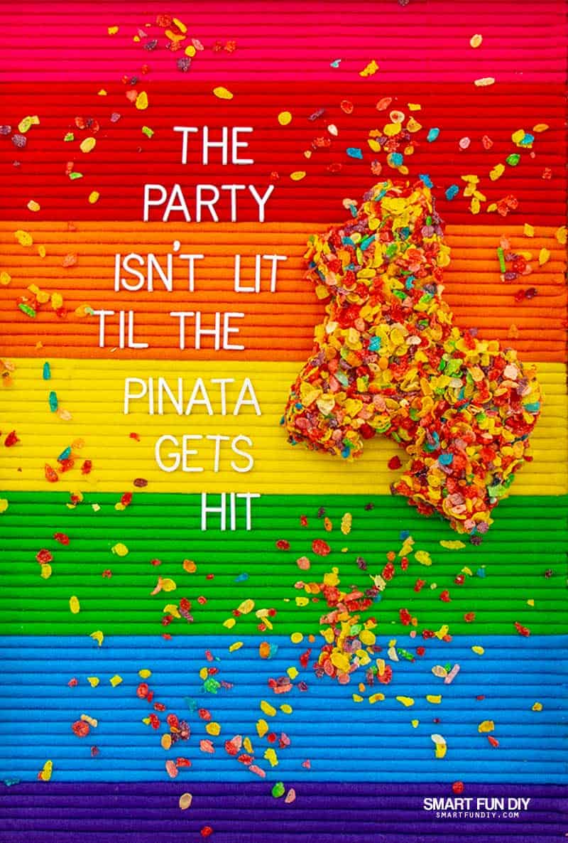 Rainbow letterboard with DIY pinata covered in Fruity Pebbles cereal