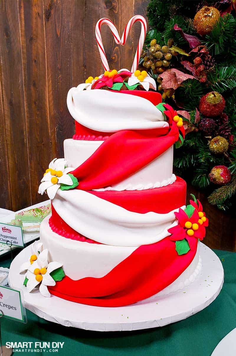 Red and white candy ribbon cake at Knott's Merry Farm