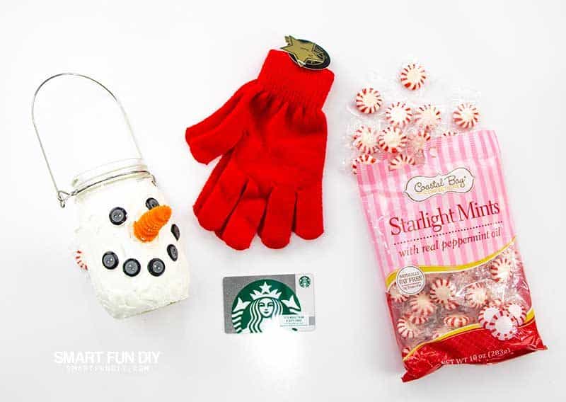supplies to make mason jar snowman with candy and gift card inside