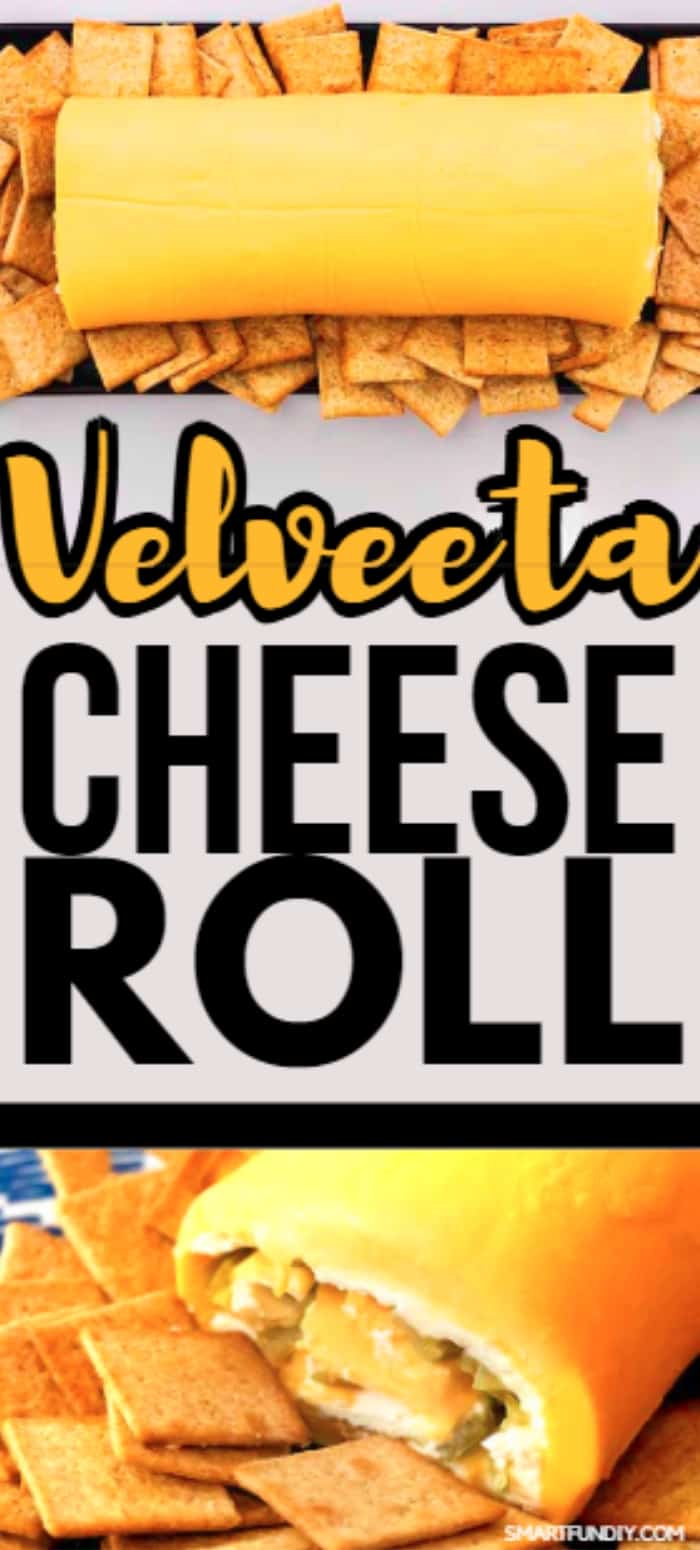 Velveeta Cheese log PIN graphic with 2 images and text in center