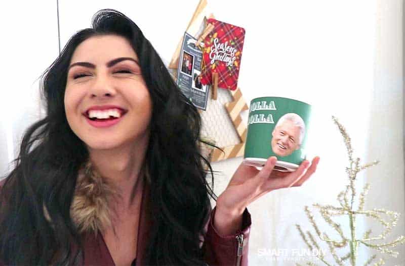 girl reacting to rolls of toilet paper with silly printed labels