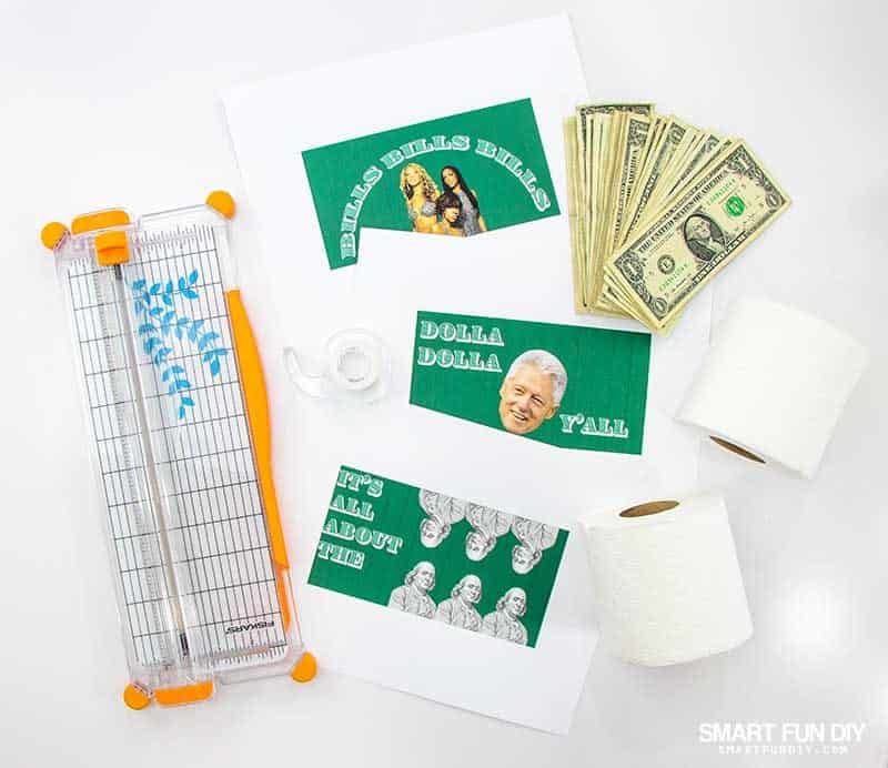 supplies to make rolls of toilet paper with silly printed labels