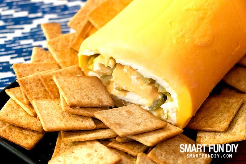 Closeup of 5 Minute Velveeta Cheese Roll with Wheat Thins Crackers