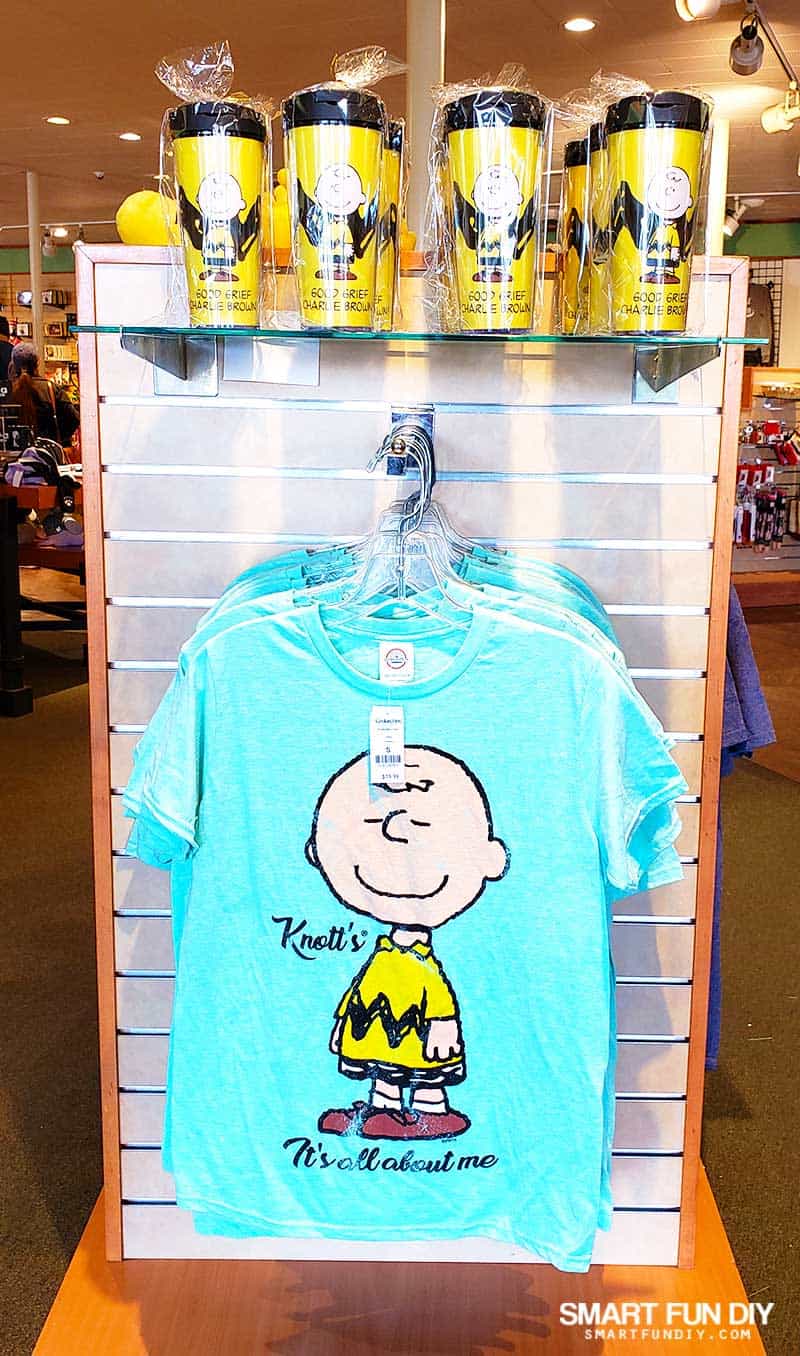 Charlie Brown tumbler cups and tshirts at Knott's Berry Farm gift shop