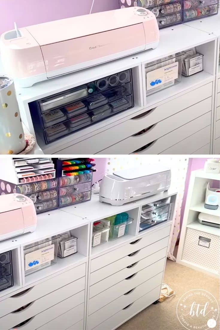 a white shelving unit with a pink Cricut and a pink Cricut