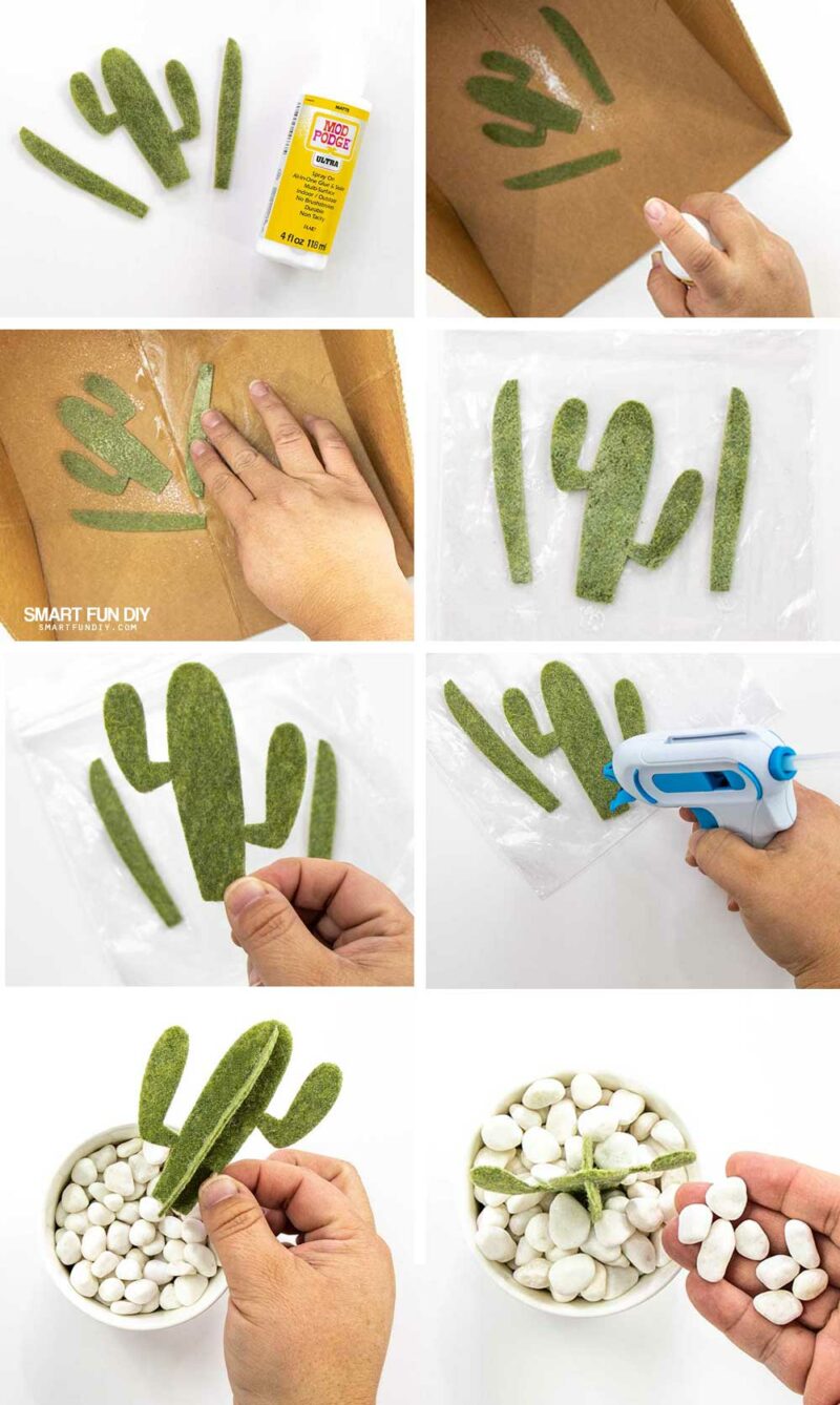 Step by step photos to create stiff felt cactus home decor craft using Mod Podge Ultra spray decoupage medium