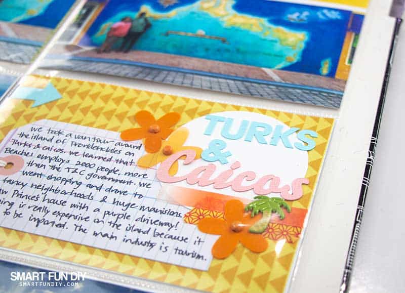 Detail of pocket scrapbook page with title cut from cardstock with Cricut Maker