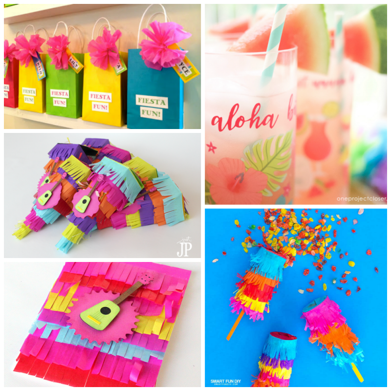 Collage of DIY party invitations and party favors for Cinco De Mayo