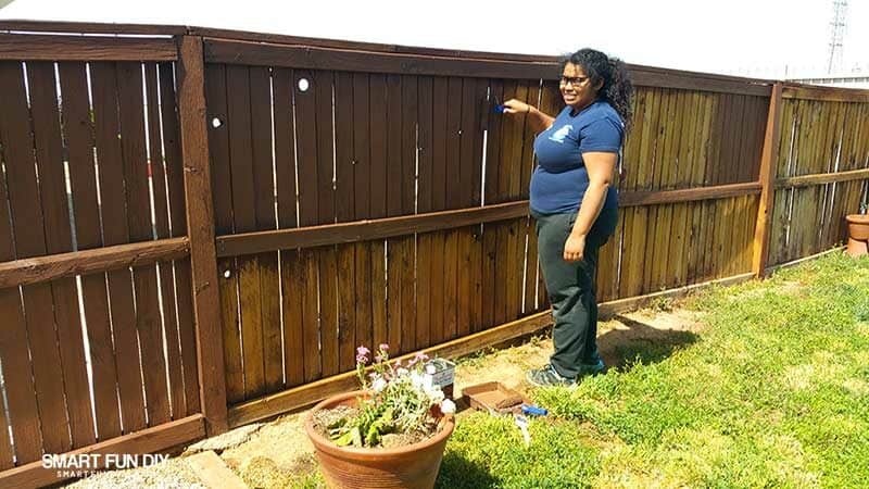 girl rolling wood stain onto wood fence