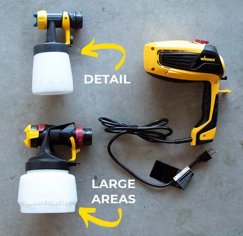 Wagner Flexio Sprayer components with graphic labels for the detail nozzle and large area nozzle