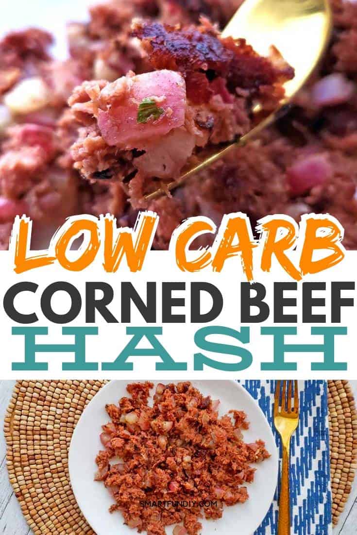 collage image of corned beef hash on plate and fork with text in middle