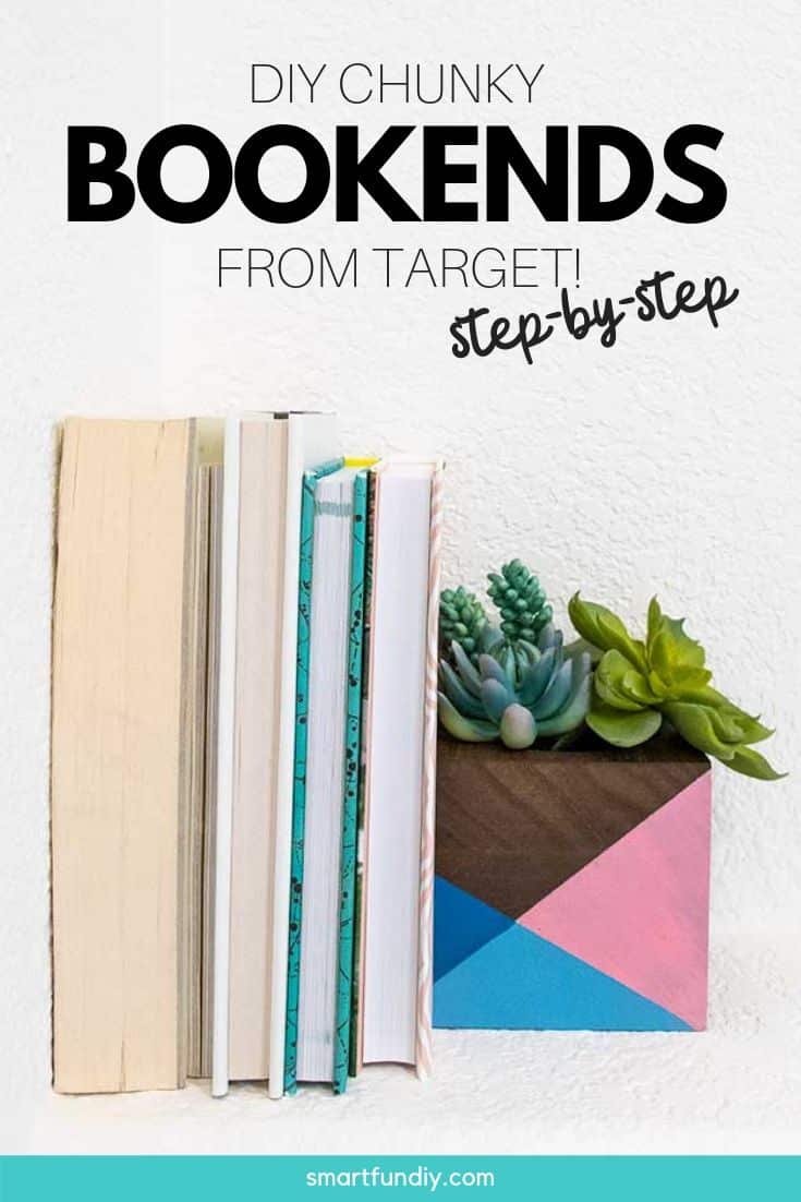 tall graphic with word overlay and wood block bookend holding up books