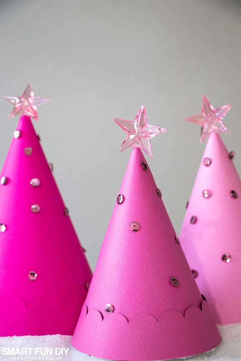Pink paper cone Christmas Trees decorated with sequins