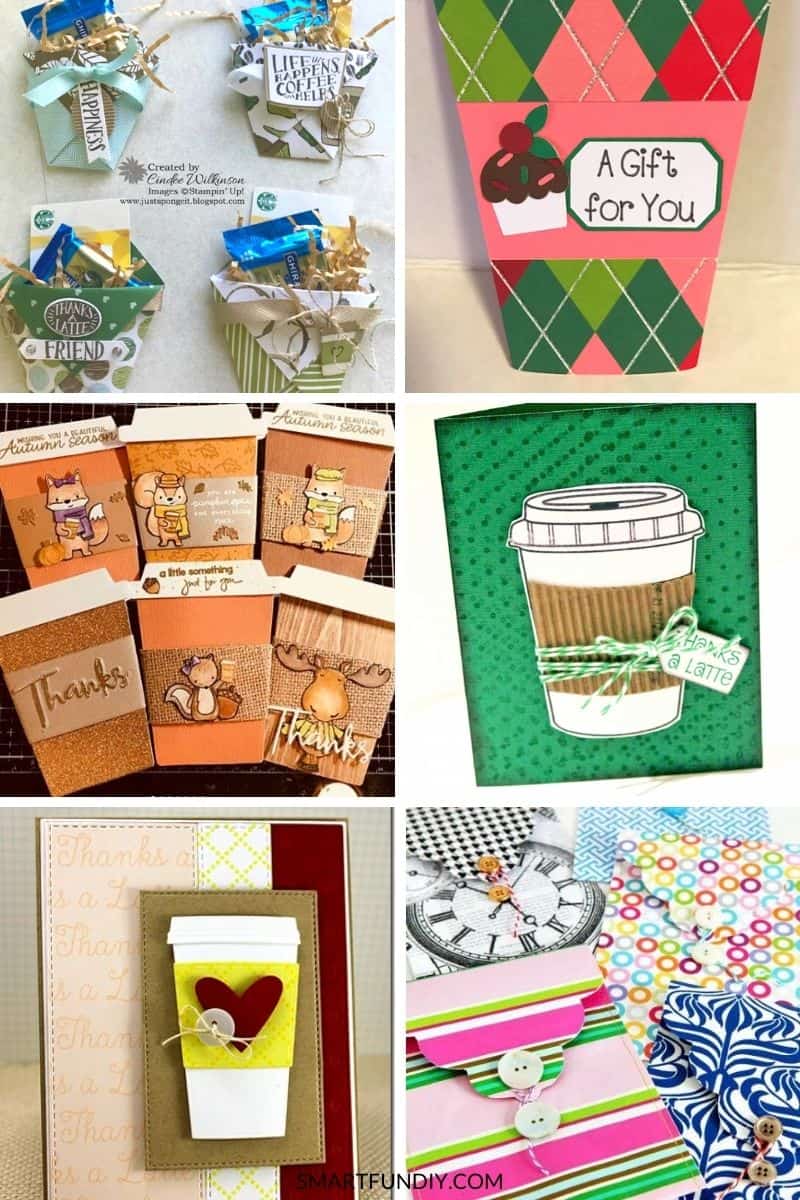 Collage of 6 papercrafts for giving coffee gift crads