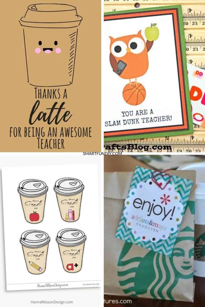 Collage of 4 printables for teacher thank you gifts with coffee gift cards