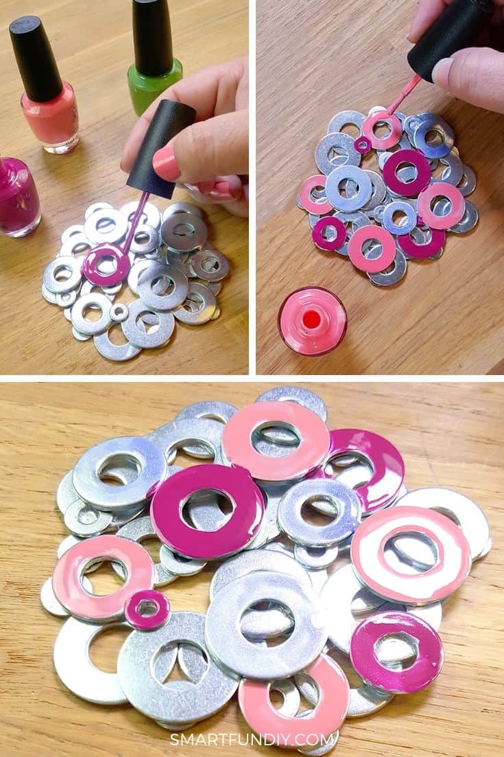 Collage of metal washer coasters being painted with nail polish